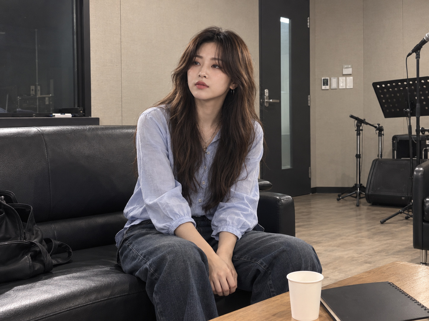 HANA resting on a sofa in the rehearsal room after vocal practice