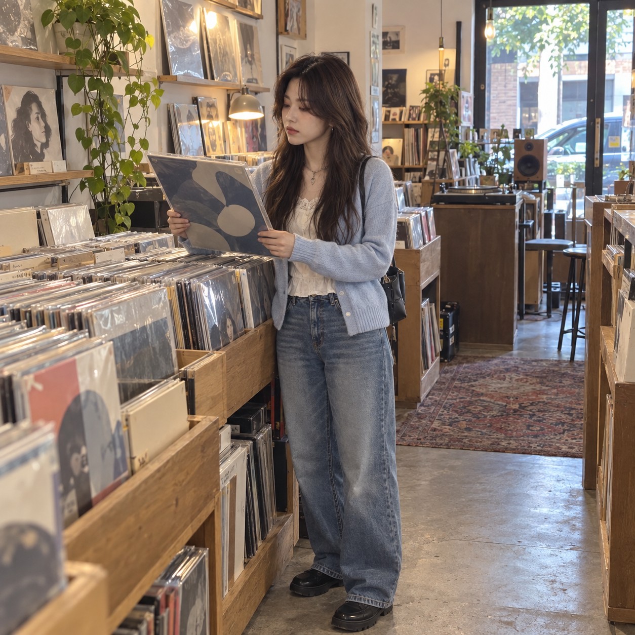 HANA browsing vinyl records in a small record shop