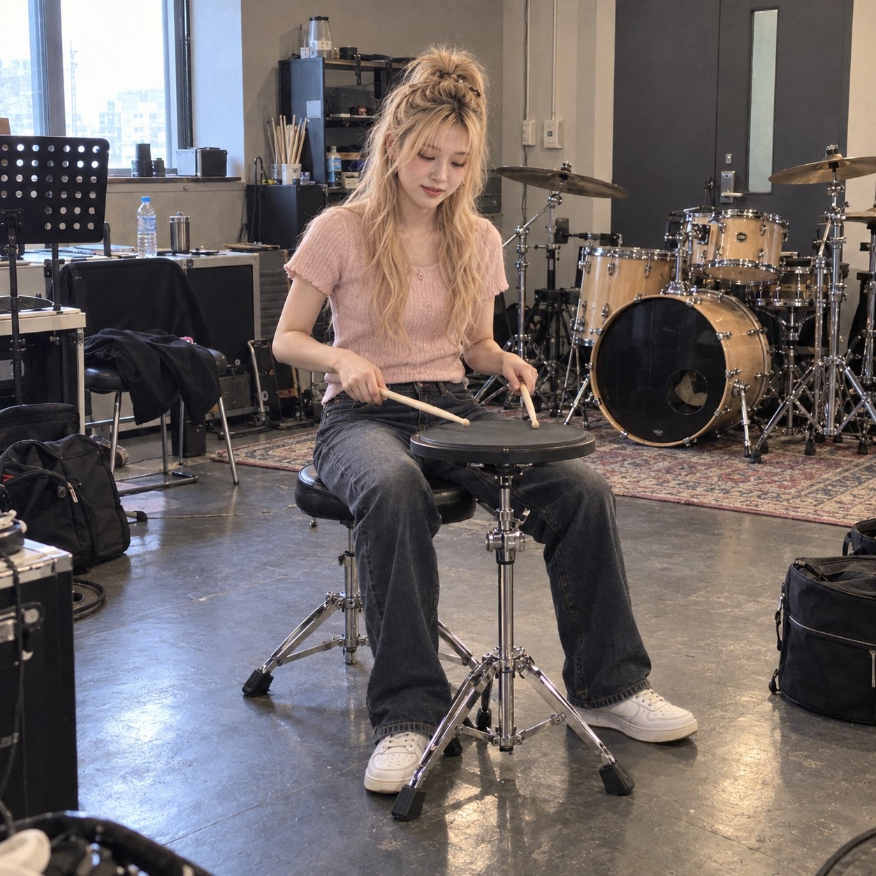 RIN practicing drum rudiments on a practice pad in the rehearsal room