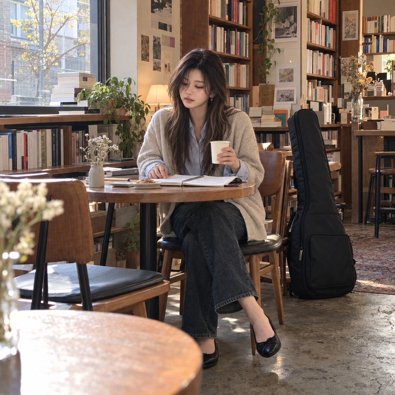 SEOYEON writing music notes during a quiet break at a bookstore café