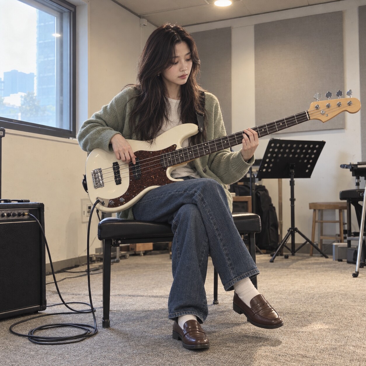 YUNA practicing a bass line in a small rehearsal room