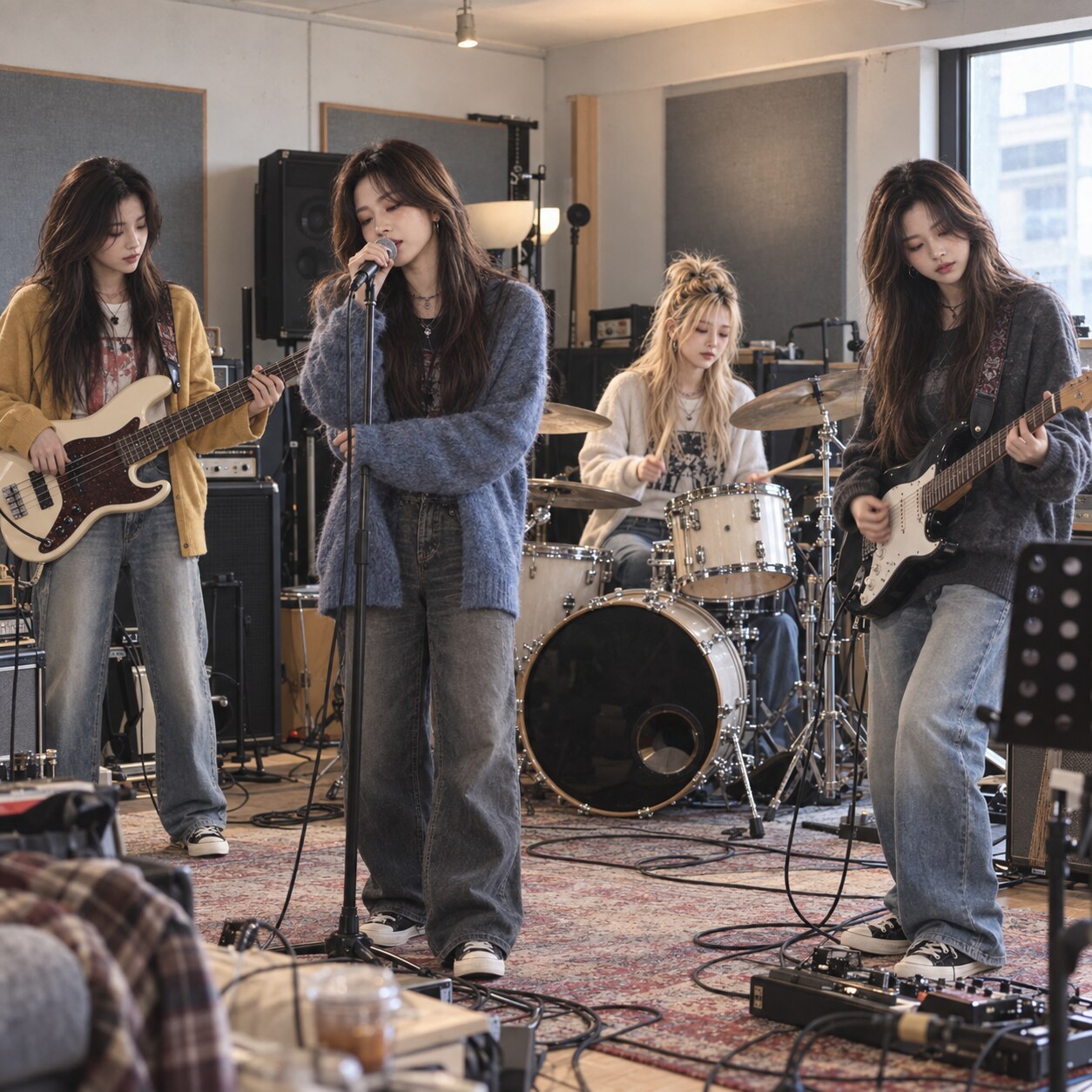 ELLI rehearsing together in a bright practice studio